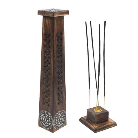 12-inch Sun Incense Tower made from handcrafted mango wood with intricate designs and antique finish for aromatic diffusion.