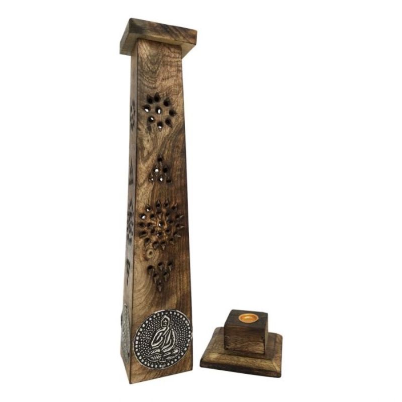 Buddha Incense Tower, 12-inch wooden holder with antique finish, perfect for relaxation and meditation.