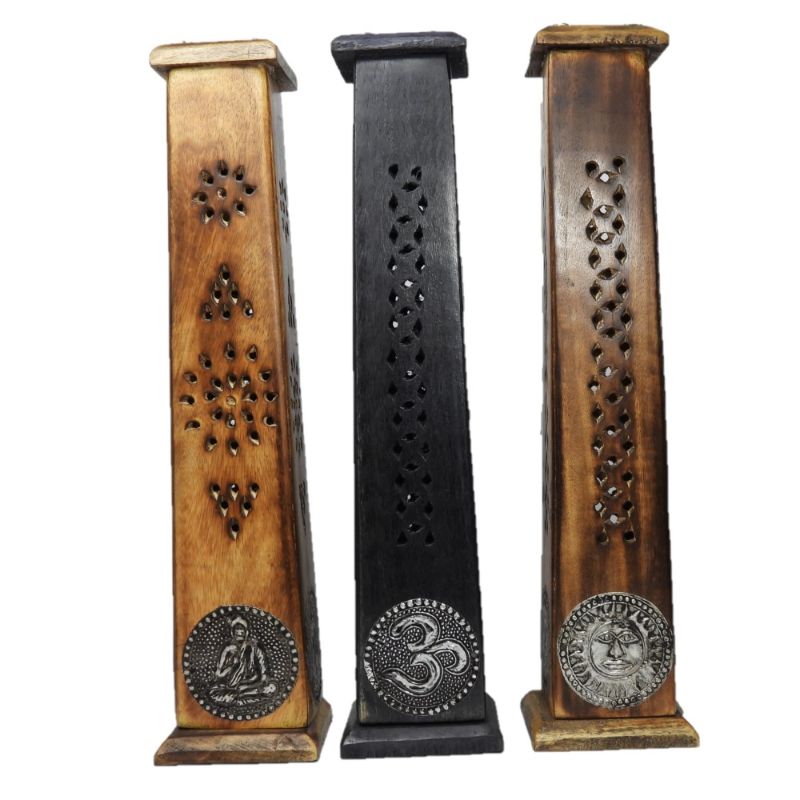 12-inch Buddha Incense Tower in antique-finished mango wood, perfect for serene spaces and aromatherapy.
