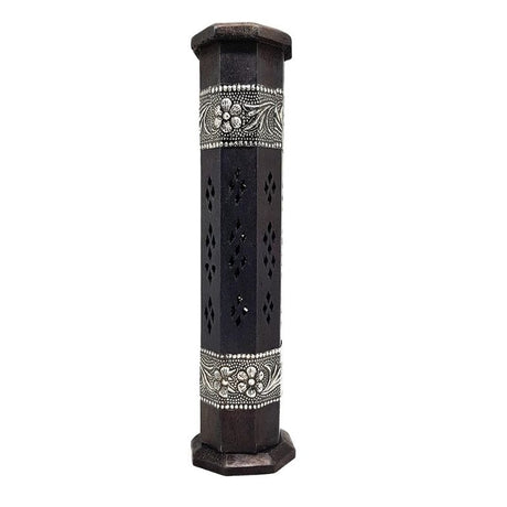 Handcrafted 12-inch black incense tower with intricate floral designs, made from mango wood for a serene ambiance.