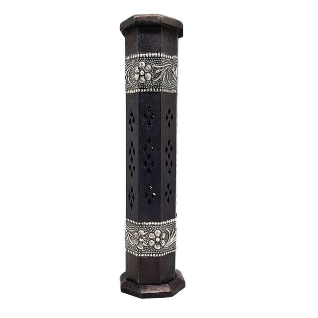 Handcrafted 12-inch black incense tower with intricate floral designs, made from mango wood for a serene ambiance.