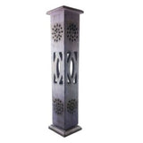 Purple Incense Tower, 12-inch mango wood holder with lavender wash, crafted in India for calming ambiance and chic decor.