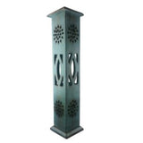 Teal 12-inch incense tower made of mango wood, featuring an antique finish and handcrafted design for serene decor.
