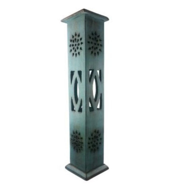 Teal 12-inch incense tower made of mango wood, featuring an antique finish and handcrafted design for serene decor.