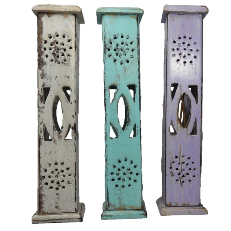 Elegant teal incense tower made from mango wood, 12 inches tall with a unique antique finish, perfect for home decor.