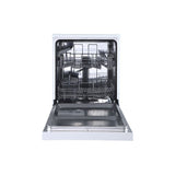 Midea 14 Place Setting Dishwasher in white, featuring 5 washing programs, half-load function, and low noise operation at 49 dB.