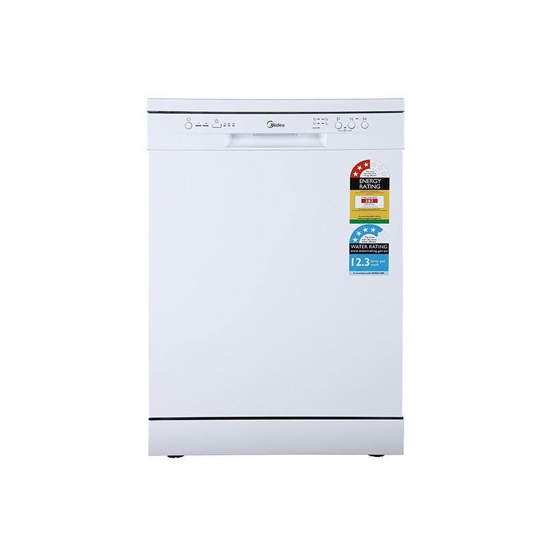 Midea 14 Place Setting Dishwasher in white, with 5 washing programs, half load option, and 49 dB quiet operation.