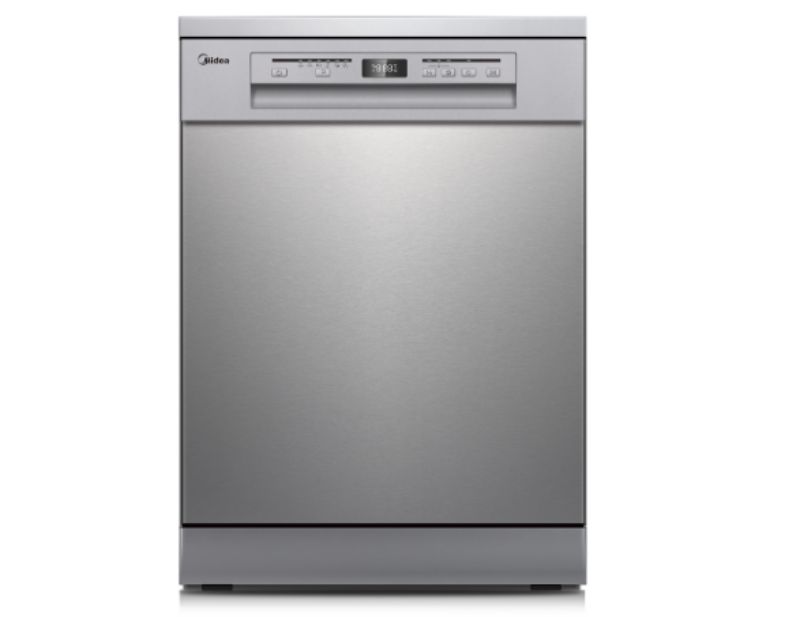 Midea 15 Place Setting Dishwasher with stainless steel front, 6 wash programs, adjustable baskets, and energy efficiency.