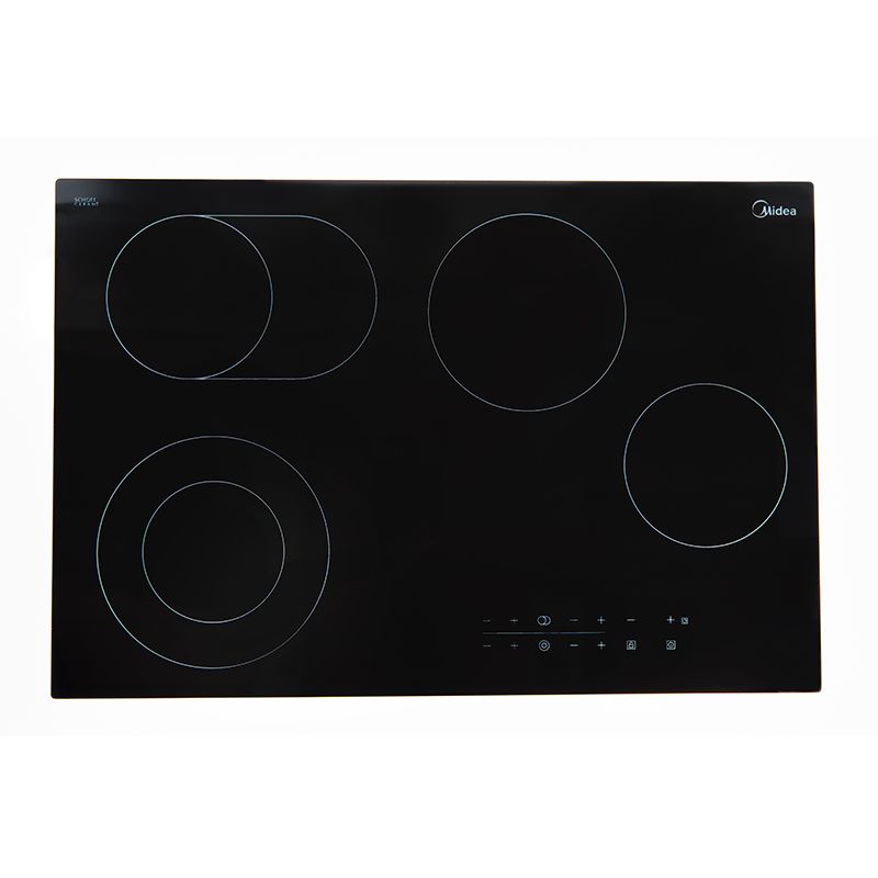 Sleek Midea 77cm ceramic cooktop with touch control, four burners, child safety lock, and dual ring for versatile cooking.