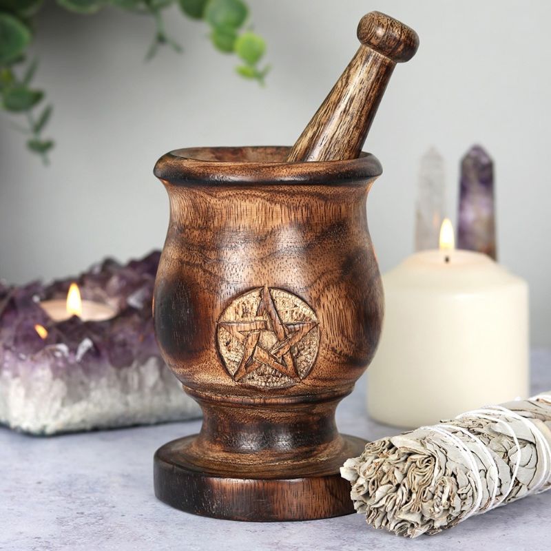 Pentagram Mortar and Pestle, 5-inch, handcrafted mango wood with carved design, ideal for grinding herbs and spices.