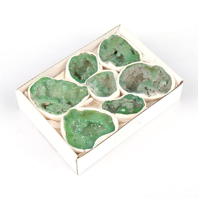 Mini green Aura Half Geode Quartz tray, perfect for jewelry storage and enhancing home decor with natural elegance.