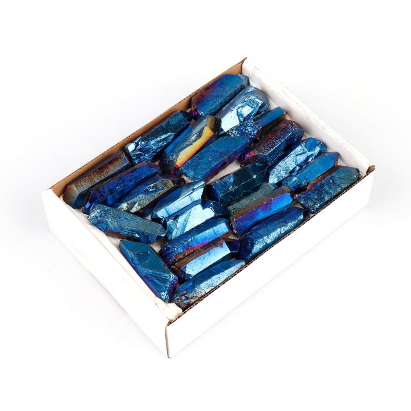 Mini Crystal Tray with Sapphire Aura Quartz Point for decor or spiritual use, showcasing beauty and positive energy.