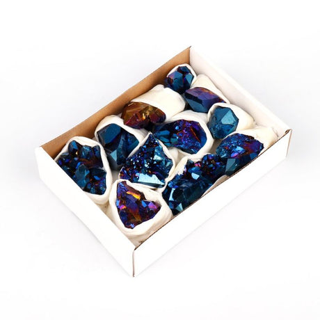 Mini crystal tray featuring aura quartz clusters in sapphire hues, perfect for jewelry or as a decorative centerpiece.