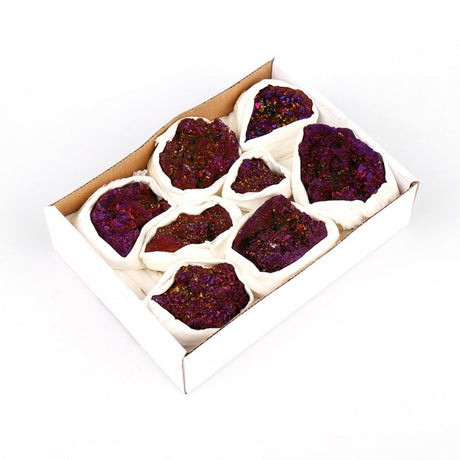 Mini purple aura geode quartz tray with unique edge, perfect for jewelry or as a decorative piece for elegance and positive energy.