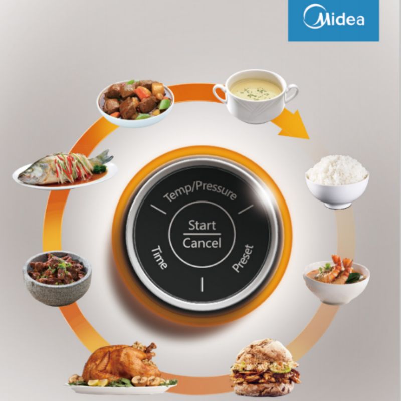 Midea 5.5L Pressure Cooker with one-knob control, 10 pre-sets, and 15 safety features for quick, flavorful meals.