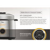 Midea 5.5L Pressure Cooker with one-knob control, 10 pre-set menus, non-stick inner pot, and 15 safety features.