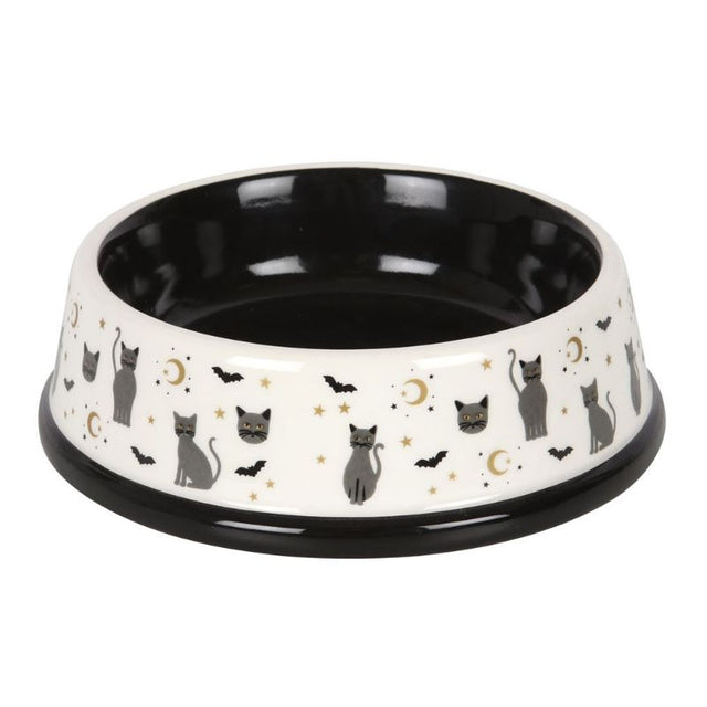 Gothicat Print Food Bowl featuring black cats, bats, and moons; perfect for adding magic to pet mealtime.