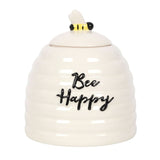 Bee Happy Ceramic Storage Jar features a beehive design with 'Bee Happy' text and a 3D bee lid, perfect for treats.