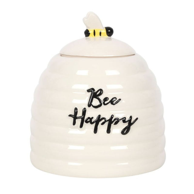 Bee Happy Ceramic Storage Jar features a beehive design with 'Bee Happy' text and a 3D bee lid, perfect for treats.