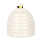 Bee Happy Ceramic Storage Jar shaped like a beehive with a 3D bee lid, perfect for storing cookies and adding cheerful decor.