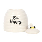 Bee Happy Ceramic Storage Jar shaped like a beehive, featuring a 'Bee Happy' message and a 3D bee lid accent.