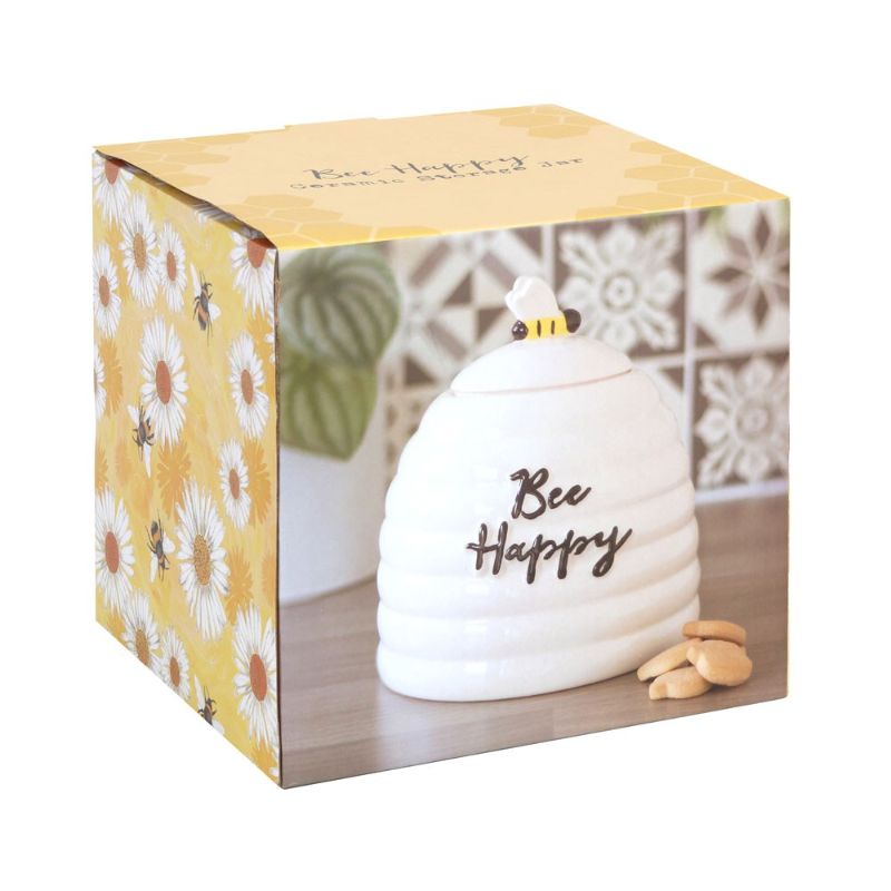 Bee Happy Ceramic Storage Jar shaped like a beehive, featuring a 3D bee lid and uplifting 'Bee Happy' message for joyful kitchen decor.