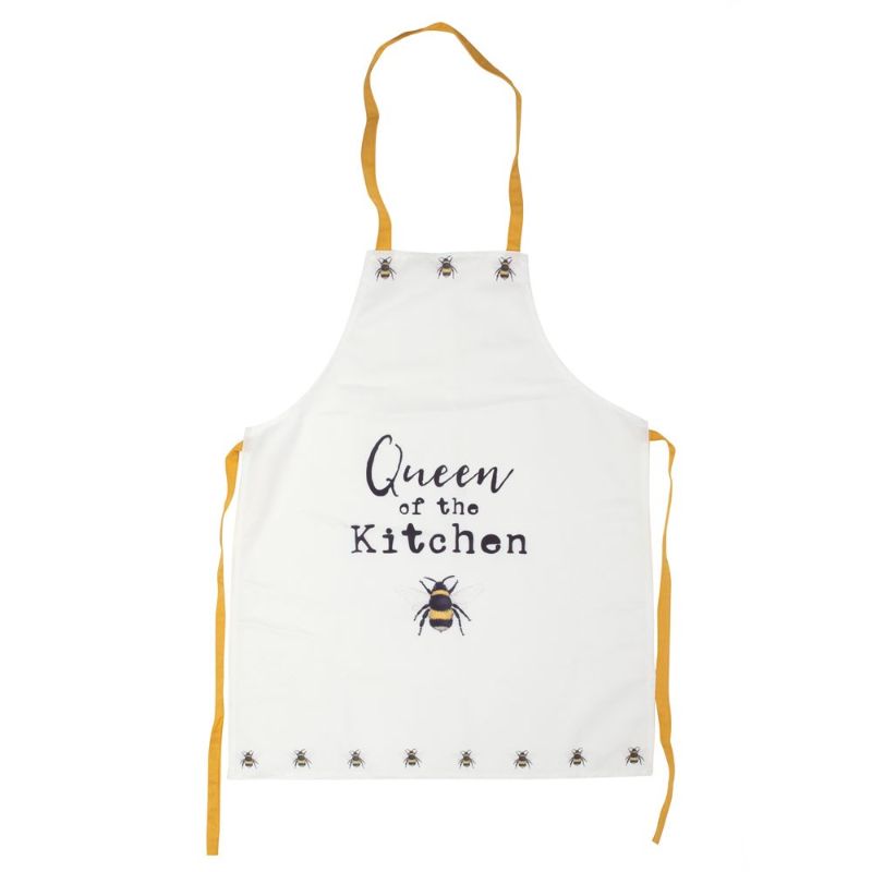 Vibrant Queen of the Kitchen Apron with bee illustrations and yellow straps, perfect for cooking enthusiasts and gifts.