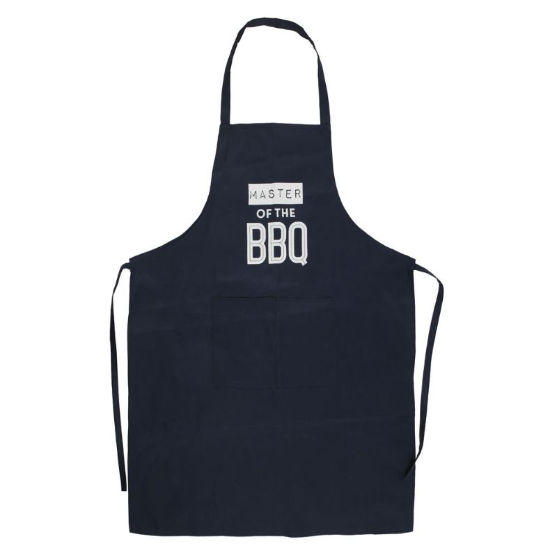Durable polyester BBQ apron with 'Master of the BBQ' text, front pocket, perfect for grilling and gift-giving occasions.
