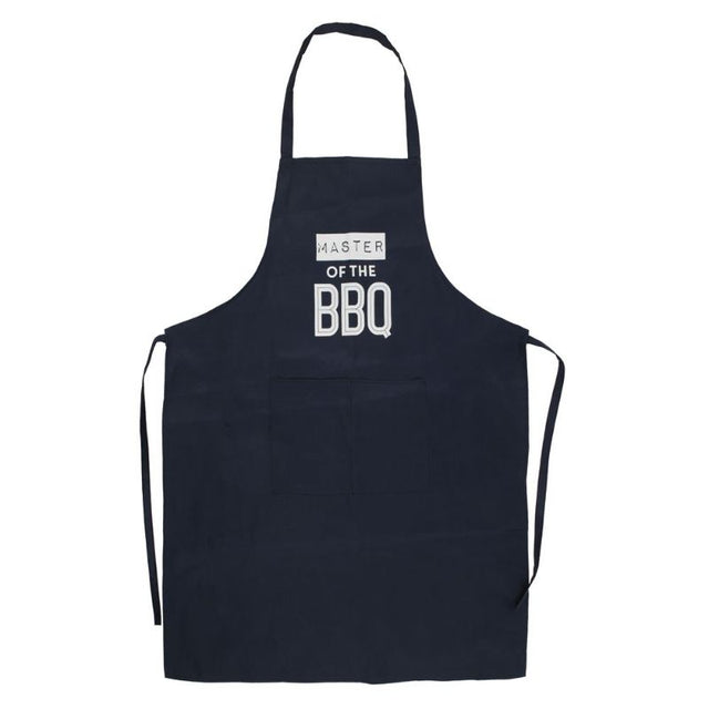 Durable polyester BBQ apron with 'Master of the BBQ' text, front pocket, perfect for grilling and gift-giving occasions.