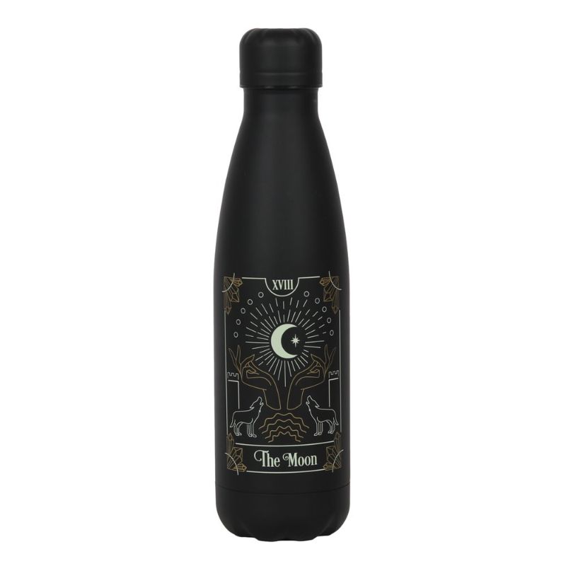 Stylish black metal water bottle with moon tarot illustration, 500ml capacity, eco-friendly and spill-proof design.