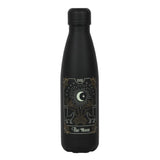Stylish black metal water bottle with moon tarot illustration, 500ml capacity, eco-friendly and spill-proof design.