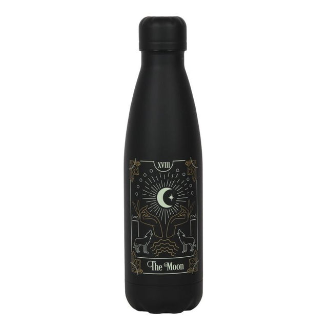 Stylish black metal water bottle with moon tarot illustration, 500ml capacity, eco-friendly and spill-proof design.