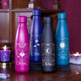 Stylish black metal water bottle with moon tarot design, 500ml capacity, eco-friendly with screw-top lid.