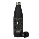 Black metal water bottle featuring a moon tarot design, 500ml capacity, screw-top lid, eco-friendly, perfect for hydration.