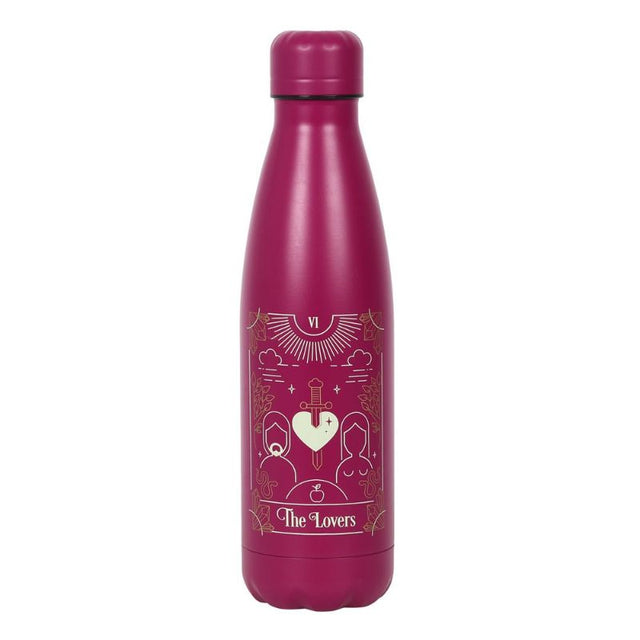 Pink Lovers Tarot Metal Water Bottle, 500ml capacity, featuring a unique tarot design and a screw-top lid for spill prevention.