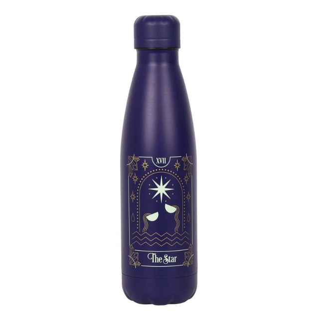 Navy blue metal water bottle with star tarot illustration, 500ml capacity, screw-top lid, eco-friendly design.