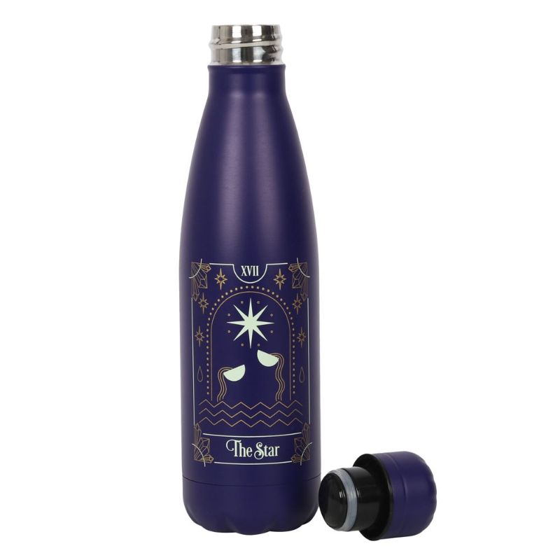 Navy blue metal water bottle with tarot illustration, 500ml capacity, eco-friendly and spill-proof design.