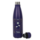 Navy blue metal water bottle with tarot illustration, 500ml capacity, eco-friendly and spill-proof design.