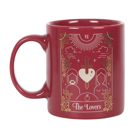 Ceramic mug inspired by tarot, featuring pink color, gold foil Lovers design, 350ml capacity; microwave and dishwasher safe.