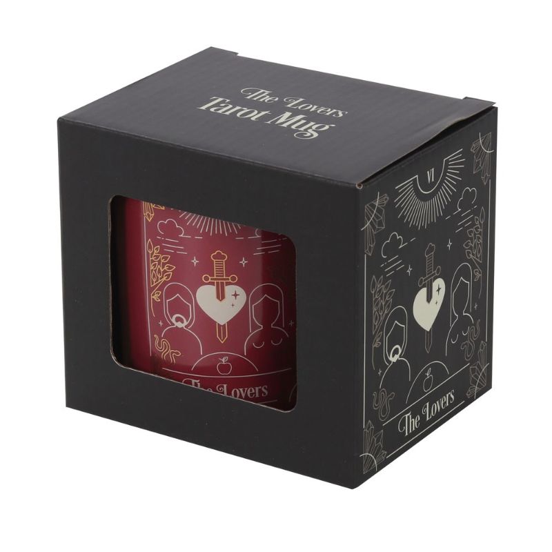 Ceramic mug in pink with The Lovers tarot design in white and gold, ideal for coffee or tea, 350ml capacity.