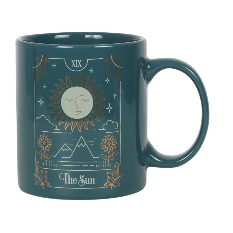 Ceramic mug featuring The Sun tarot design in green, white, and gold, with 350ml capacity, microwave and dishwasher safe.