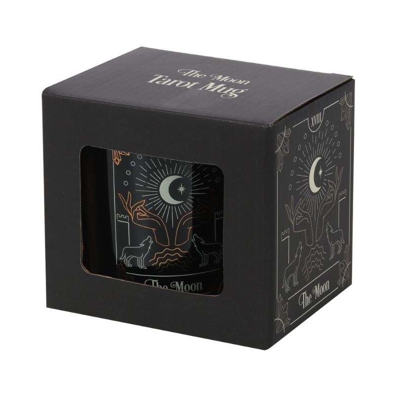 Black ceramic mug with The Moon tarot design in white and gold foil, 350ml capacity, microwave and dishwasher safe.