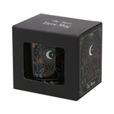 Black ceramic mug with The Moon tarot design in white and gold foil, 350ml capacity, microwave and dishwasher safe.
