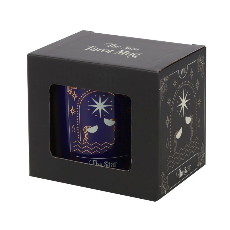 Ceramic mug featuring a captivating tarot Star design in white and gold on a deep blue background, 350ml capacity.
