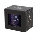 Ceramic mug featuring a captivating tarot Star design in white and gold on a deep blue background, 350ml capacity.