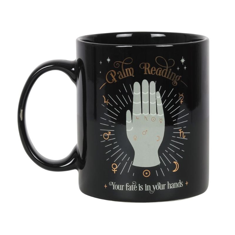 Palm Reading Ceramic Mug featuring gold foil palmistry design, 350ml capacity, dishwasher and microwave safe.