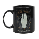 Palm Reading Ceramic Mug featuring gold foil palmistry design, 350ml capacity, dishwasher and microwave safe.