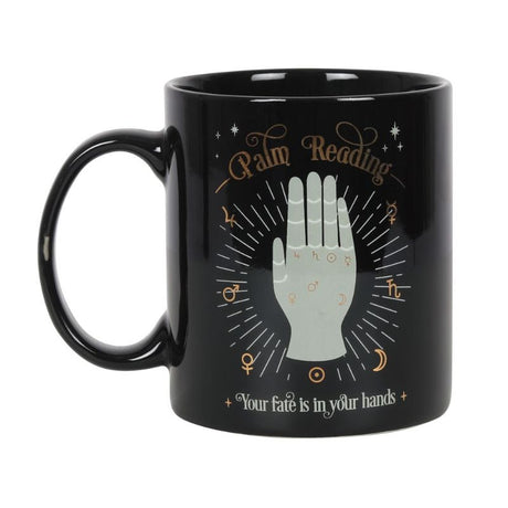 Palm Reading Ceramic Mug featuring gold foil palmistry design, 350ml capacity, dishwasher and microwave safe.