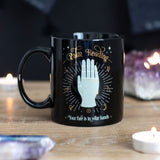 Palm Reading Ceramic Mug with white and gold foil illustration, featuring palmistry symbols; perfect for coffee or tea.