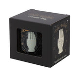 Palm Reading Ceramic Mug featuring elegant white and gold illustrations of palmistry symbols, ideal for mystical enthusiasts.